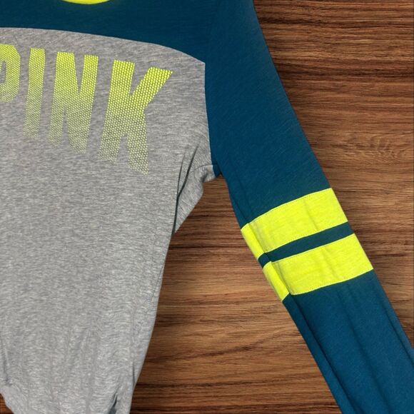 Victoria’s Secret PINK Long Sleeve Varsity Tee Gray Teal Neon Yellow XS - Picture 5 of 10